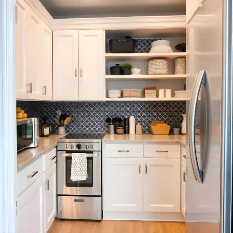 Modern kitchen closet with shelves and cabinets for efficient storage.
