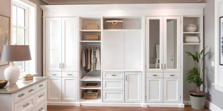 White melamine closet with shelves, drawers, and hanging rods for organized storage.