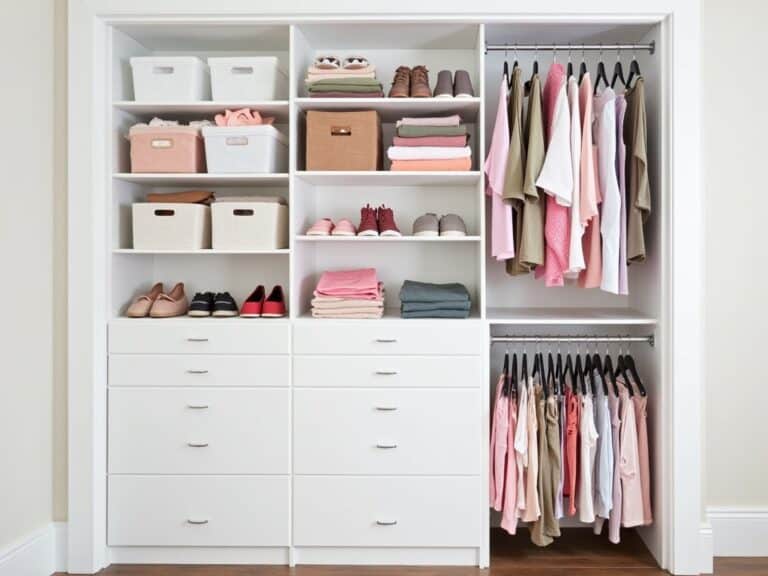 Kids' closet with shelves, drawers, and hanging space for organized storage.