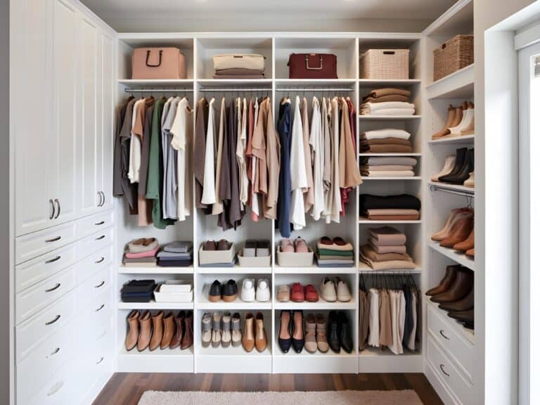 White closet installation with shelves, drawers, and hanging space for organized storage.